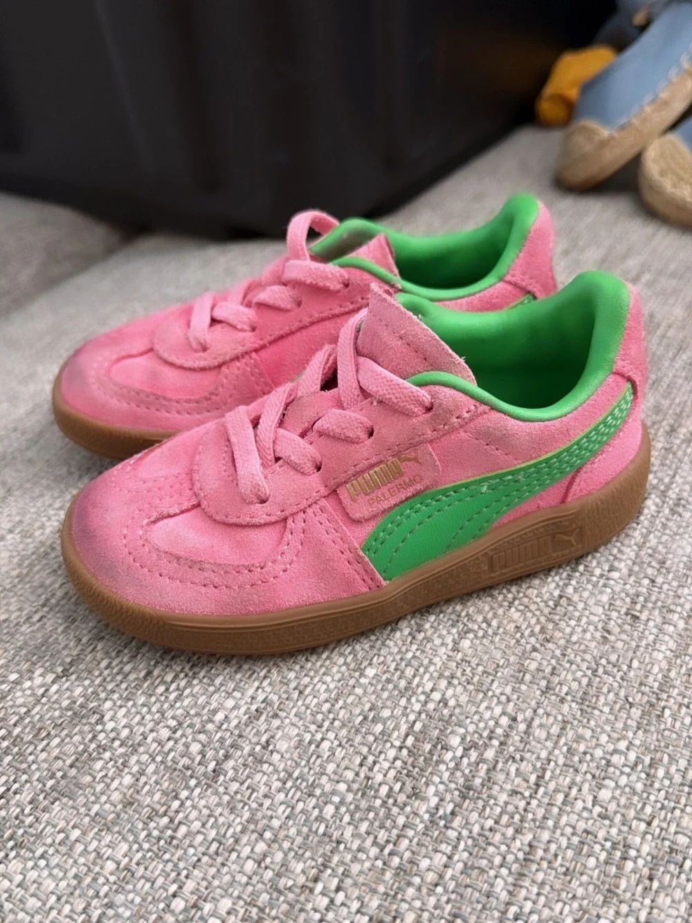 Puma Kids Pink and Green Suede Sneakers with Gum Sole